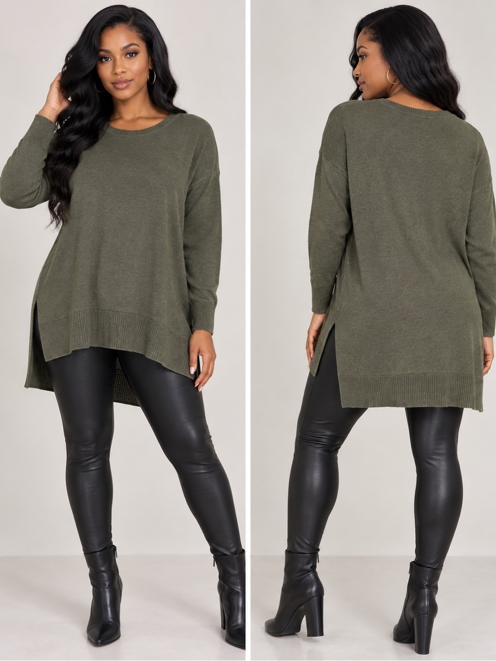 Worthington Olive Crewneck Tunic Sweater with Side Slits